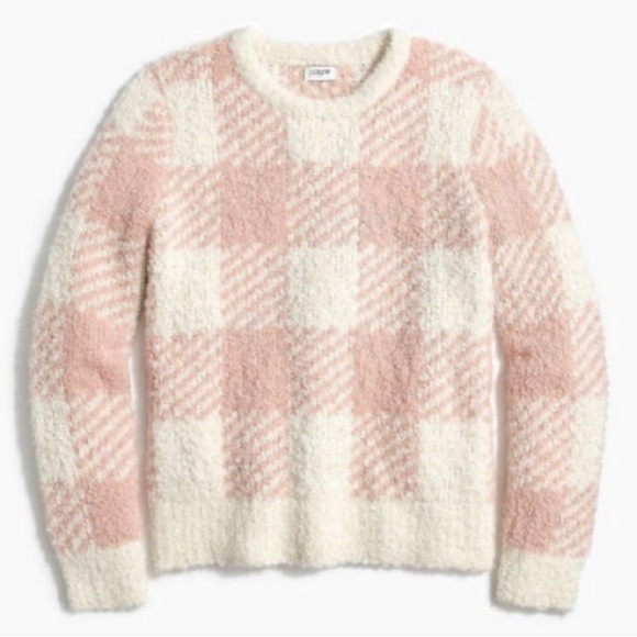 J. CREW Boucle Buffalo Check Plaid Chunky Sweater Pink White Wool Alpaca Size XL - Picture 4 of 16